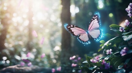 A neon-lit butterfly with holographic wings fluttering in a digital forest style