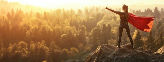 Young girl in a superhero costume with a raised arm and red cape standing on top of a mountain against a forest landscape at sunrise, symbolizing empowerment and adventure