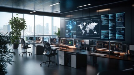 A sleek computational science lab with interactive digital simulations and neon-infused data models style