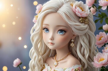 Cute little 3D doll in children's cartoon style, animated fantasy. Artistic background. Artistic illustration. Cartoon stylized illustrated art.