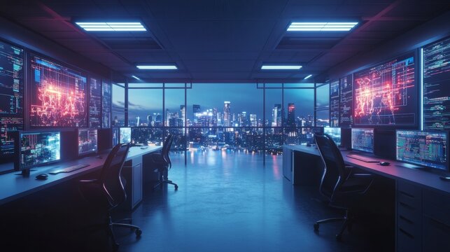 A sleek computational science lab with interactive digital simulations and neon-infused data models style