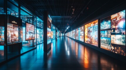 A sleek cultural heritage site with interactive digital history exhibits and neon-lit pathways style