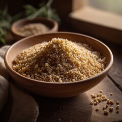Professional Stock Photo of Wooden Bowl Filled with Quinoa. Ideal for Wellness, Nutrition, Yoga, Ayurveda, and Personal Care Themes