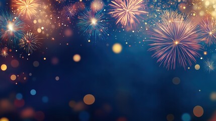 Fototapeta premium Festive Fireworks Display on Dark Night Sky: New Year's Eve Celebration Background with Sparkling Lights and Bokeh Effect 