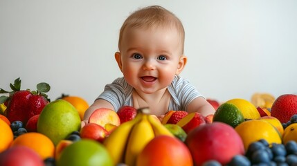Fototapeta premium Baby + fruit on white