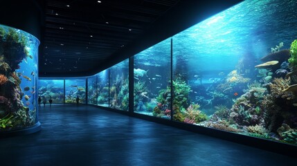 A sleek marine conservation area with interactive digital exhibits and neon-infused underwater pathways