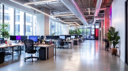 Fototapeta premium A sleek marketing agency with transparent workstations and neon brainstorming areas