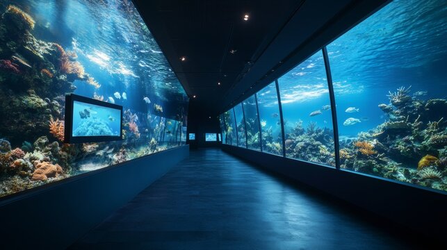 A sleek marine conservation area with interactive digital exhibits and neon-infused underwater pathways