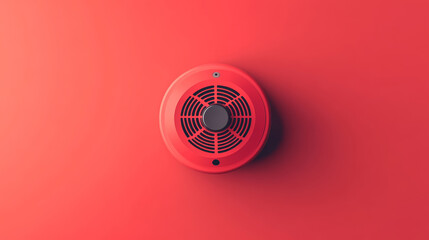 Smoke detector with protection on red wall, showcasing safety features and design.