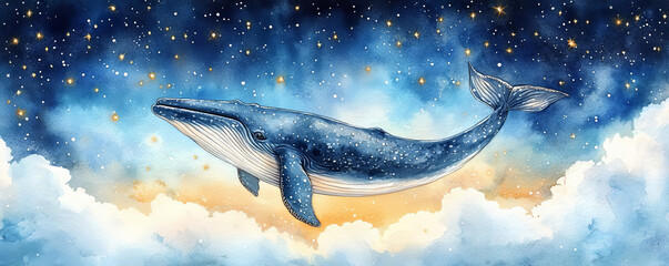 Fototapeta premium A majestic whale floats gracefully in starry sky, surrounded by soft clouds, evoking sense of wonder and tranquility.