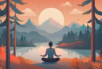 rear view of person meditating on foreshore with lake, mountains, horizon, sun, sky and trees at dawn