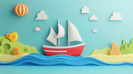 Naklejka premium A colorful paper boat sailing on blue sea, surrounded by playful clouds, hot air balloon, and vibrant landforms, creating cheerful and whimsical scene.