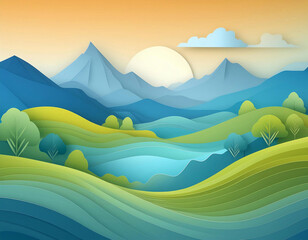 layered paper landscape art of mountains, lake, fields, trees, sky, sun and clouds