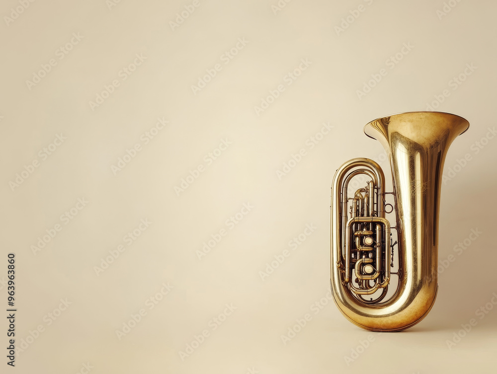 Poster minimalist image of tuba placed against soft background, showcasing its elegant curves and shiny sur