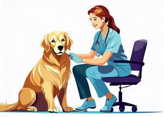 golden retriever therapy dog providing comfort to a female doctor in blue scrubs on a white background