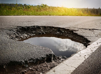 large water-filled pothole on the edge of a cracked, damaged bitumen road