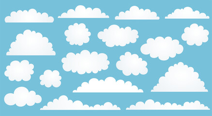 Set of White fluffy cloud flat design. Cartoon clouds on blue background.