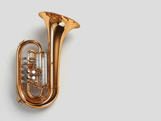 Minimalist image of tuba showcasing its shiny brass finish and intricate design. This musical...