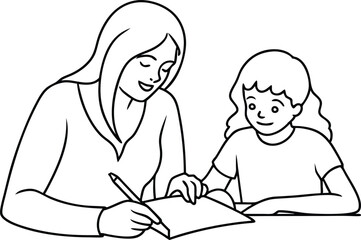 Loving young mother and daughter drawing painting in album or learn to write in notebooks or in writing. Vector Illustration