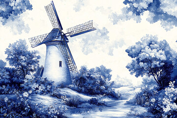 Traditional Dutch delft blue and white landscape scene with a windmill.
