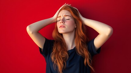 Fototapeta premium Frustrated redhead woman with headache.
