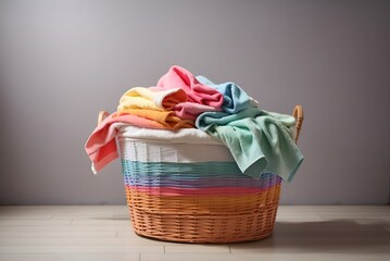 Clothes in a laundry wooden basket isolated on white background
