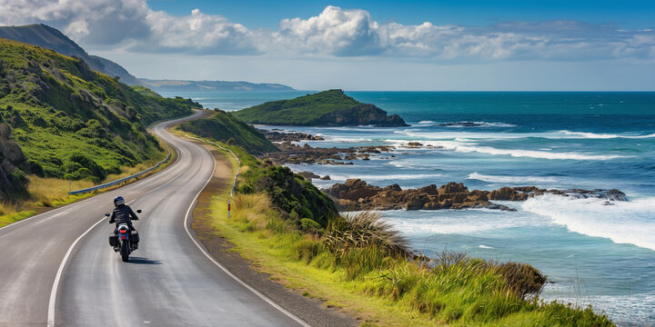 A motorbike cruises on coastal road, offers a sense of freedom and adventure on this motorcycle tour journey.
