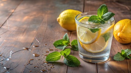 Fototapeta premium Lemon water with fresh mint on wooden table, refreshing immune-boosting drink