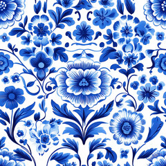 Seamless traditional Dutch delft blue and white pattern with  flowers.