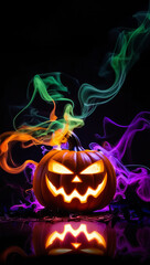 Glowing jack-o'-lantern surrounded by swirling colorful smoke in shades of orange, green, and purple. Halloween copy space greeting card