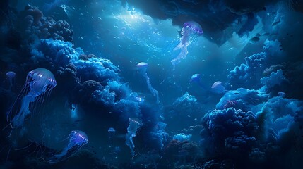 Fototapeta premium Bioluminescent Jellyfish in a Deep Sea Cave