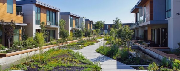 A modern housing development featuring eco-friendly design and sustainable landscaping, promoting environmental sustainability through green infrastructure and climate-resilient urban planning.