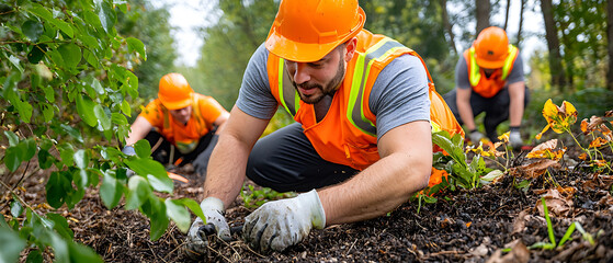 Fototapeta premium Workers Planting Trees in Forest