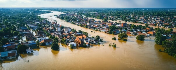 Aerial view of a suburban area submerged in floodwaters, with streets and homes flooded, showing the large-scale impact of heavy rainfall and natural disasters on residential communities.