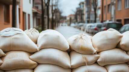 A sandbag barrier placed along a residential street to protect homes from rising floodwaters, representing flood prevention efforts in an urban community after heavy rain.