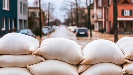 A row of sandbags set up to protect a residential street from rising floodwaters, showcasing emergency flood defense efforts in an urban neighborhood after heavy rainfall.