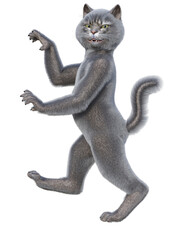 Anthropomorphic cat standing in a lion rampant position with head turned to viewer. 3d rendering on a transparent background. No AI used