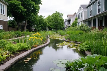 A community garden in a city transformed into a retention pond during a flood, with nearby homes protected, Symbol of resilience, Green infrastructure