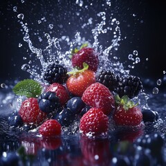 Design a high-resolution scene where strawberries, blueberries, blackberries, and raspberries spin mid-air, surrounded by dynamic water splashes, each droplet reflecting light and capturing the vibran