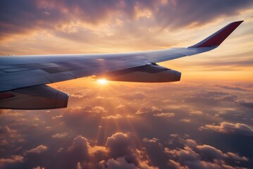 Obraz premium Airplane wing over clouds at sunset symbolizes air travel and tourism 