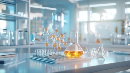 An avant-garde chemistry lab with shifting holographic chemical reactions and bioluminescent molecular models style