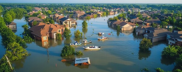 Aerial view of a suburban neighborhood submerged in floodwaters, with rescue boats navigating between homes, illustrating the scale of disaster and ongoing relief efforts.