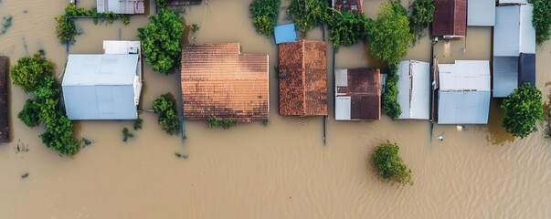 An aerial view of a residential neighborhood submerged in floodwaters following heavy rainfall, showing homes and streets overwhelmed by the natural disaster.