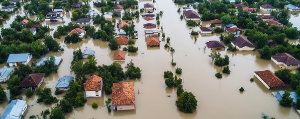 An aerial view showing extensive flooding in a residential area, with homes and streets submerged in water, highlighting the impact of severe weather and natural disaster.
