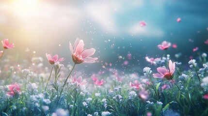 An avant-garde meadow with shifting holographic flowers and glowing grasses