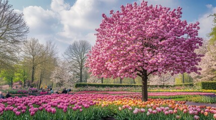 Fototapeta premium Netherlands' Amsterdam's Keukenhof Park blooms with flowers and trees, including pink sakuras.