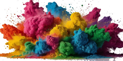 Vector colorful vibrant rainbow, smoke and cloud holi paint color powder explosion with bright colors isolated  on transparent background. Multicolored explosion of rainbow powder paint holi festival 