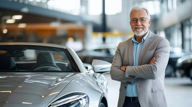 Senior man poses in car showroom.
