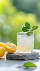 Fototapeta premium Freshly squeezed lemonade on a rugged stone podium in a natural setting.