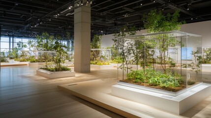 An innovative botanical exhibition with transparent plant displays and holographic information style